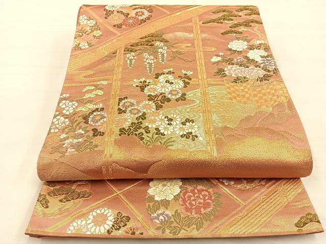 平和屋着物◎六通柄袋帯　唐織　小倉錦障壁文　金糸　正絹　逸品　BAAS7531xa
