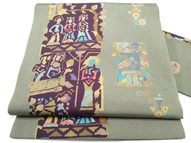 平和屋着物●全通柄　九寸名古屋帯　型染め　エジプト壁画文様　金彩　鬼しぼ縮緬　正絹　逸品　CABE4667hy 平和屋着物○初代 染人・山岡古都 首里琉染 九寸名古屋帯 更紗花唐草文