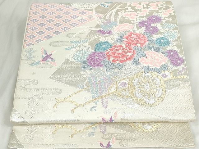 平和屋着物◎六通柄袋帯　唐織　切嵌花車文　金銀糸　正絹　逸品　AAAJ8142Bgw