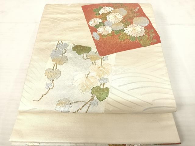平和屋着物◎太鼓柄袋帯　駒刺繍　草花文　金銀彩　正絹　逸品　AAAU9886yx