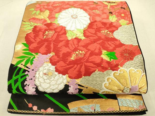 平和屋着物◎六通柄袋帯　唐織　檜扇花蝶文　黒地　金糸　正絹　逸品　DAAT8783zy