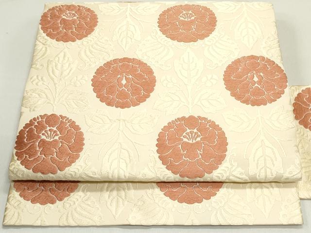 平和屋着物●俵屋　人間国宝　喜多川平朗 有職織物　九寸名古屋帯　唐織　草花丸文　鳥の子色　正絹　逸品　DAAY0250ob