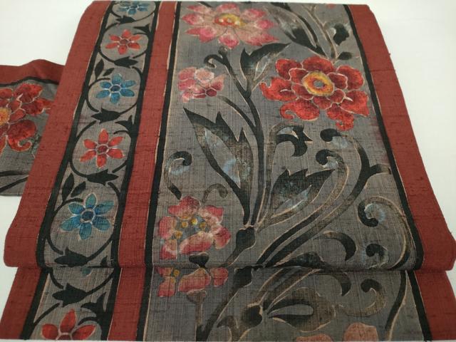 平和屋着物●全通柄九寸名古屋帯　生紬　型染　絞り　花間道　正絹　逸品　DAAY1219ps