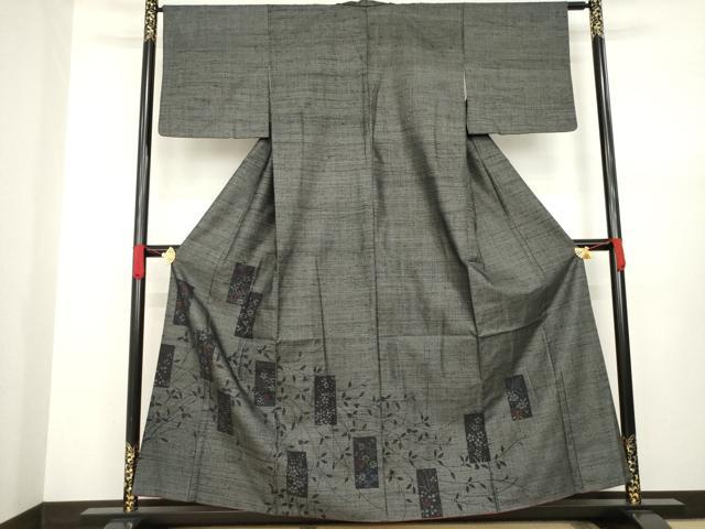 平和屋着物●結城紬　訪問着　100亀甲　短冊枝花文　黒地　正絹　逸品　AABA4657ck