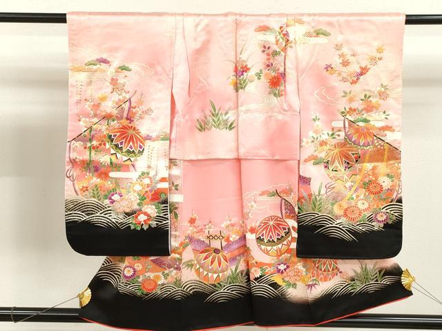 平和屋着物[]七五三　女の子　3歳　祝着　三つ身　几帳舞花文　金彩　洗える着物　CAAT6400ze