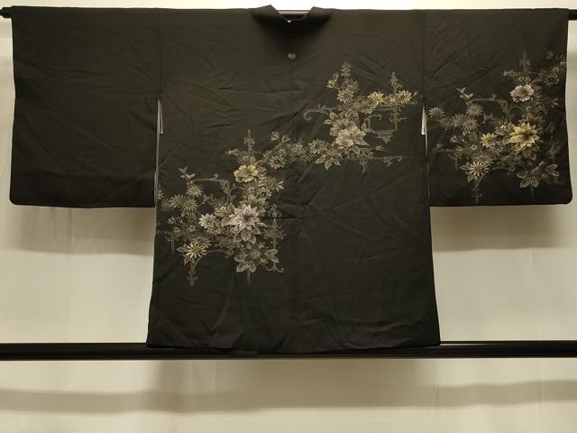 平和屋着物＃羽織　寿光織　草花文　黒地　金銀糸　正絹　逸品　CABK3380in