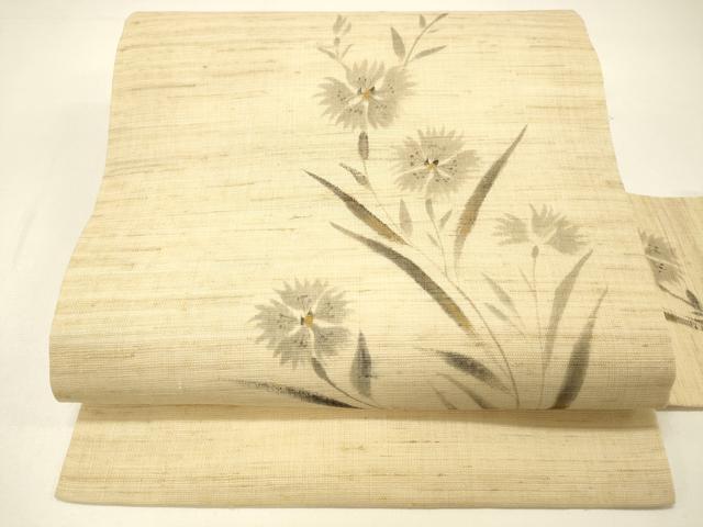 平和屋着物＊夏物　九寸名古屋帯　手描き　草花文　金彩　麻　逸品　DABC8861cm