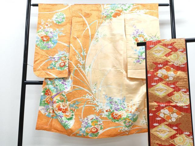 平和屋着物[]七五三　女の子　7歳　祝着　四つ身　袋帯セット　尾長鳥雪輪草花丸文　CAAV9232ze