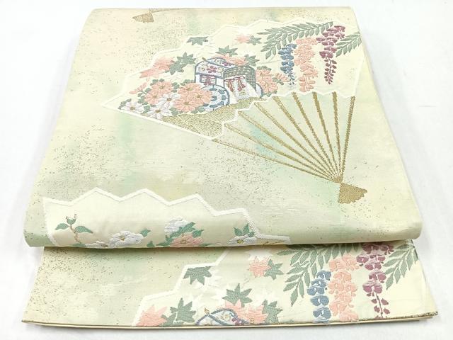 平和屋着物◎六通柄袋帯 唐織 扇面花鳥文 金糸 正絹 逸品 CABB0955nb