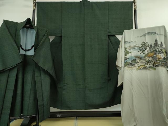 平和屋本店■希少 男性 ざざんざ織 単衣 アンサンブル 長襦袢(袷)3点セット 百入り茶色地 逸品 DZAA4938kh5