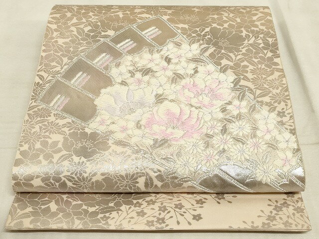 平和屋着物◎六通柄袋帯　唐織　手織錦　瑞祥花扇面文　銀糸　正絹　逸品　AAAM3162sx