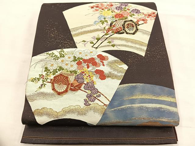 平和屋着物◎太鼓柄袋帯　地紙花車文　金糸　正絹　逸品　BAAS7301hz