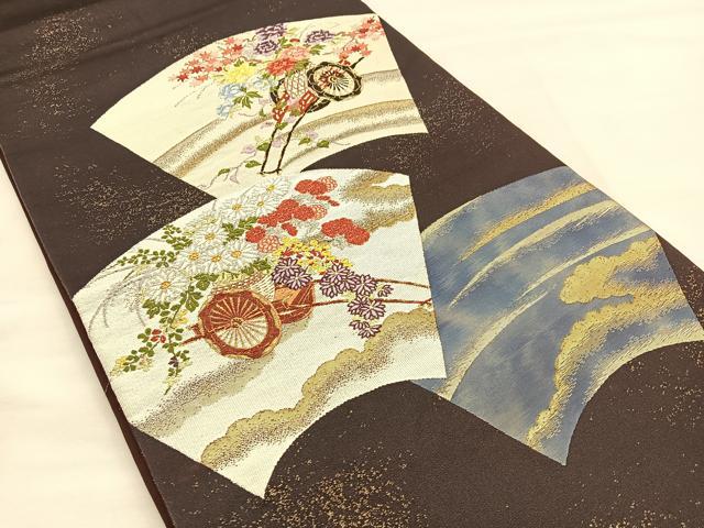 平和屋着物◎太鼓柄袋帯　地紙花車文　金糸　正絹　逸品　BAAS7301hz