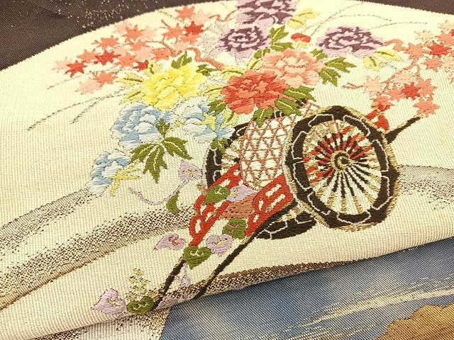 平和屋着物◎太鼓柄袋帯　地紙花車文　金糸　正絹　逸品　BAAS7301hz