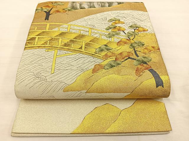 平和屋着物◎太鼓柄袋帯　作家物　綴れ　渡橋松文　銀糸　金彩　正絹　逸品　BAAS7551xa