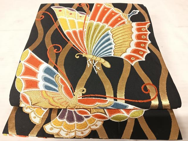 平和屋着物◎六通柄袋帯　唐織　舞蝶文　黒地　金糸　正絹　逸品　AAAU9902yx