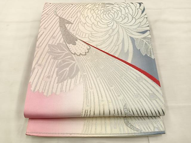 平和屋着物◎両面　全通柄袋帯　唐織　孔雀花　銀糸　正絹　逸品　BAAS4984wb