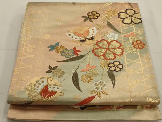 平和屋着物◎六通柄袋帯 唐織 花蝶文 金糸 正絹 逸品 AAAN2259ou