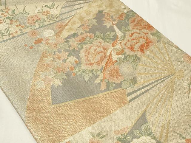 平和屋着物◎宝珠本佐賀錦　六通柄袋帯　扇面孔雀花文　金糸　正絹　逸品　CAAZ7868in