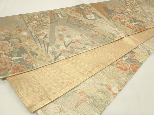 平和屋着物◎宝珠本佐賀錦　六通柄袋帯　扇面孔雀花文　金糸　正絹　逸品　CAAZ7868in