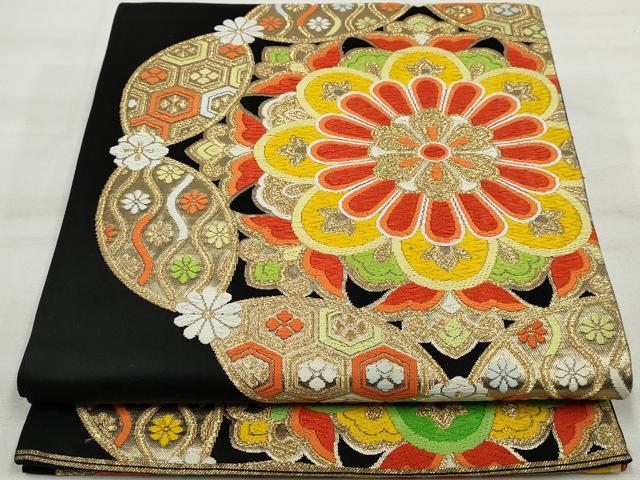 平和屋着物◎六通柄袋帯　唐織　正倉院花文　黒地　金糸　正絹　逸品　DAAT2550qa