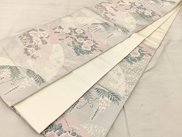 平和屋着物◎六通柄袋帯　唐織　地紙重ね花文　プラチナ箔二重織　正絹　逸品　未使用　BAAU0598mz