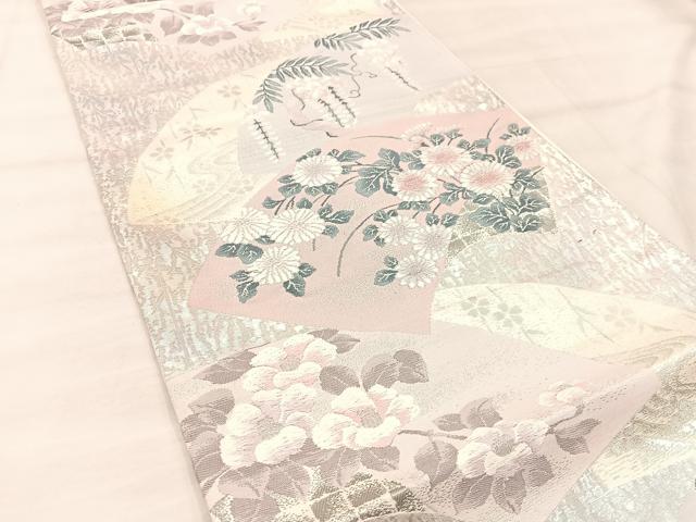 平和屋着物◎六通柄袋帯　唐織　地紙重ね花文　プラチナ箔二重織　正絹　逸品　未使用　BAAU0598mz