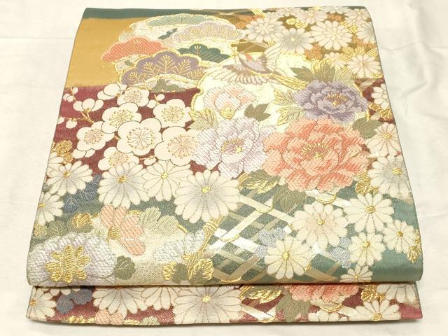 平和屋着物▼六通柄袋帯　雪輪四季花　金糸　正絹　逸品　CABC8477dy