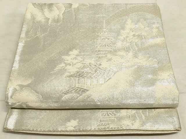 平和屋着物◎西陣　六通柄袋帯　風景文　銀糸　証紙付き　正絹　逸品　AAAM3187sx