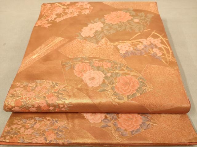 平和屋着物◎六通柄袋帯　地紙花文　金糸　正絹　逸品　AABB9059dt