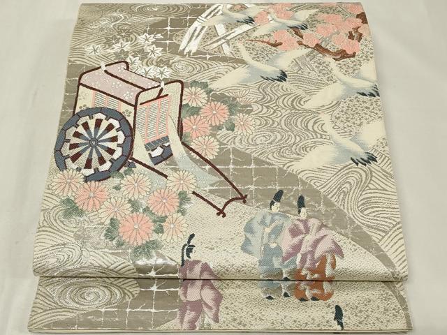 平和屋着物◎六通柄袋帯　御所車人物花文　鶴　プラチナ箔　正絹　逸品　CAAZ7872in