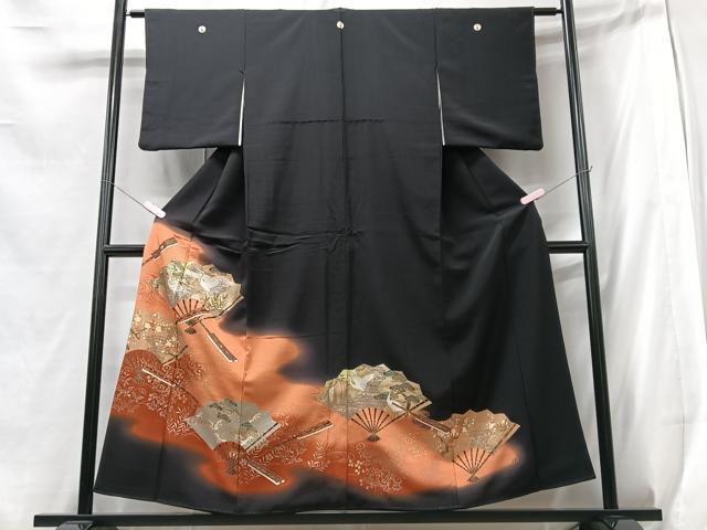 平和屋着物■豪華黒留袖　扇面花鳥文　暈し染め　金銀彩　正絹　逸品　CABB2972xe