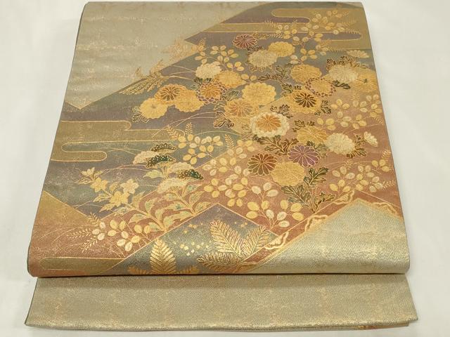 平和屋着物◎太鼓柄袋帯　松皮菱草花文　金銀彩　正絹　逸品　CAAZ7797in