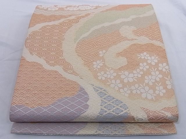平和屋着物■佐賀錦 六通柄袋帯 霞花文 金糸 正絹 逸品 A-az4962