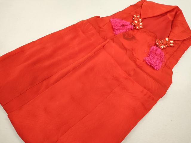 平和屋着物[]アンティーク 大正ロマン 七五三 女の子 3歳 祝着 被布 色無地 飛鶴草花地紋 赤色 逸品 CAAZ7180ze