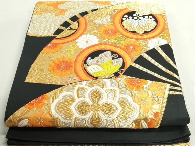Rakuten - 平和屋着物◎六通柄袋帯　扇面花蝶文　黒地　金銀糸　正絹　逸品　DAAX7679qa
