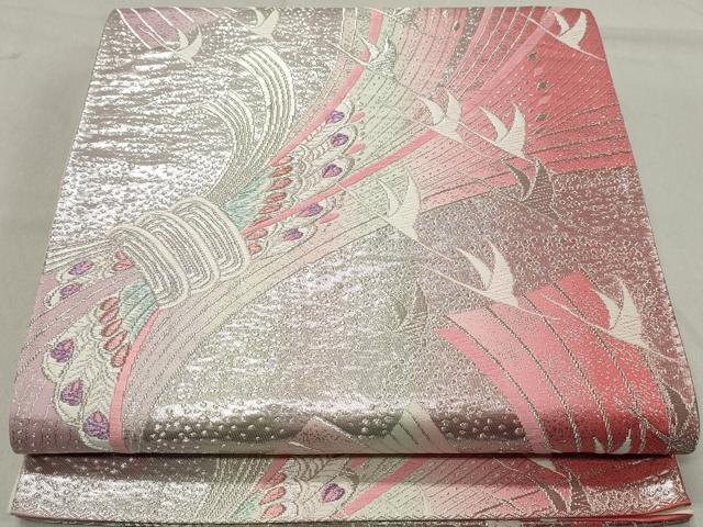 平和屋着物◎六通柄袋帯　唐織　束ね熨斗飛鶴文　銀糸　正絹　逸品　DABA3366qa