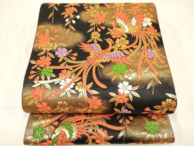 平和屋着物[]女の子　子供　全通柄袋帯　鳳凰花文　黒地　金糸　逸品　DABC5403ma