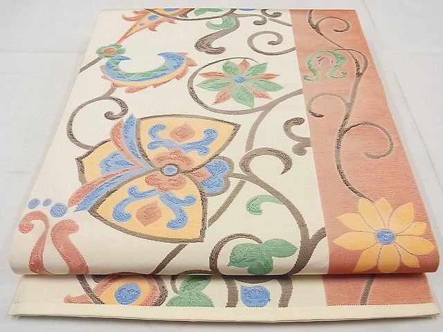 平和屋着物◎六通柄袋帯 花唐草間道 正絹 逸品 AAAJ5974Ajz
