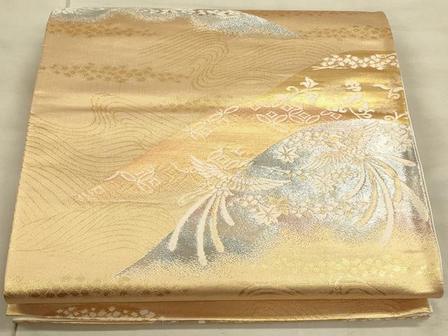 平和屋着物◎六通柄袋帯 尾長鳥遠山花文 金銀糸 正絹 逸品 CAAU1380ft