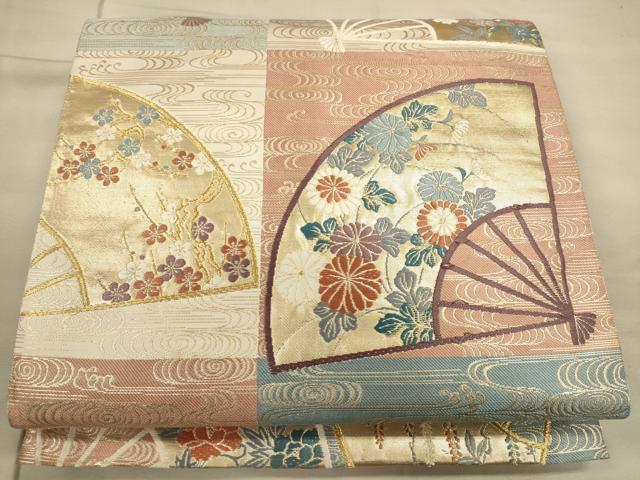 平和屋着物◎六通柄袋帯 市松扇面取花紋 金糸 正絹 逸品 CAAU1383ft