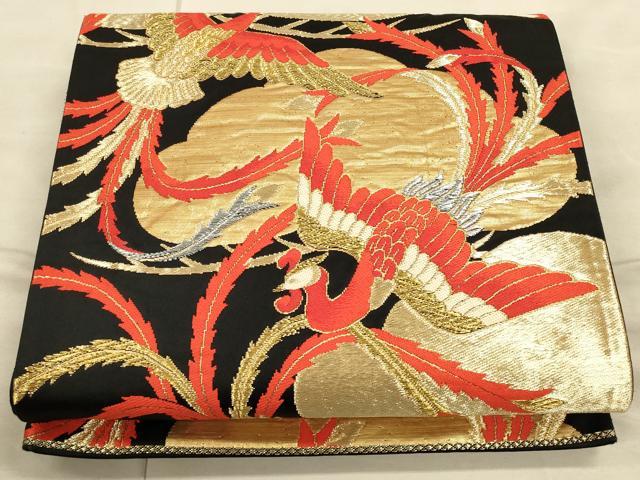 平和屋着物◎六通柄袋帯　唐織　鳳凰松文　黒地　金銀糸　正絹　逸品　CAAU1407ft