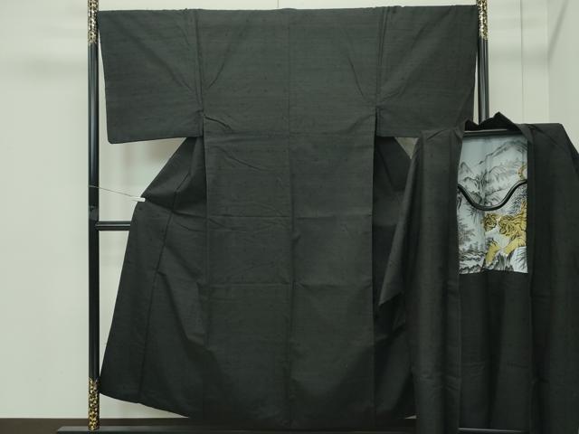 平和屋着物●極上　男性　髭紬　アンサンブル　色無地　黒地　逸品　CZAA4512s6