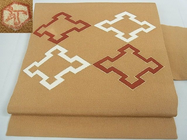 平和屋2■極上　銀座　志ま亀　九寸名古屋帯　松皮菱　金彩　鬼しぼ縮緬　落款有り　逸品　4kh2045のサムネイル