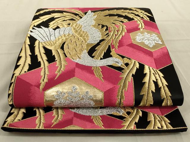 平和屋着物◎六通柄袋帯　鳳凰亀甲花文　黒地　金銀糸　正絹　逸品　AABC6228ou