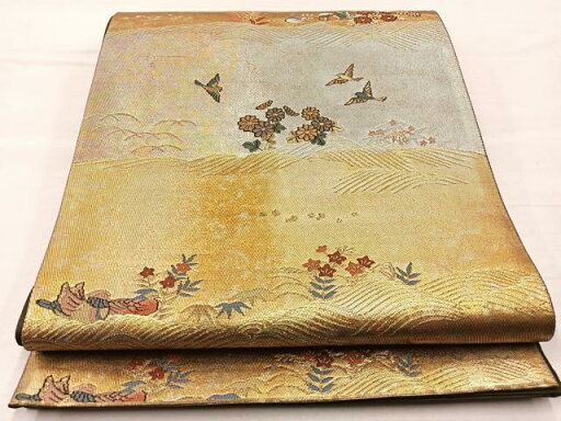 平和屋着物◎六通柄袋帯 流水花鳥文 金糸 引箔 正絹 逸品 BAAO1752if 平和屋着物◎六通柄袋帯 流水花鳥文 金糸 引箔 正絹 逸品 BAAO1752if