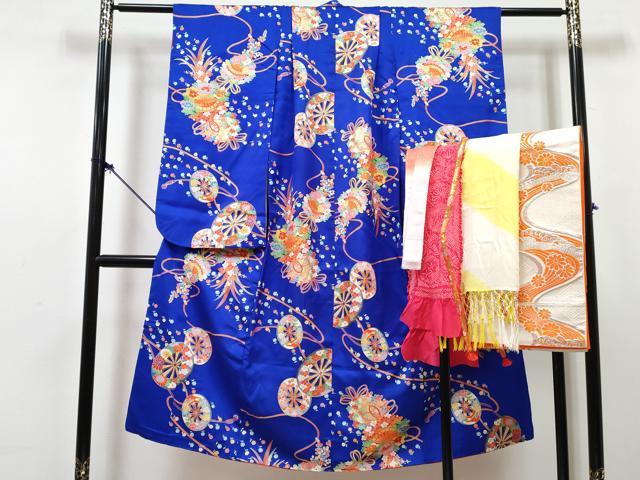 平和屋着物[]七五三 女の子 7歳 祝着 四つ身 袋帯・小物セット 檜扇源氏車花文 金彩 逸品 DABG3337ma