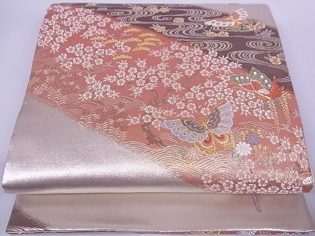 平和屋着物■六通柄袋帯　唐織　流水花蝶文　金銀糸　正絹　逸品　A-br6052