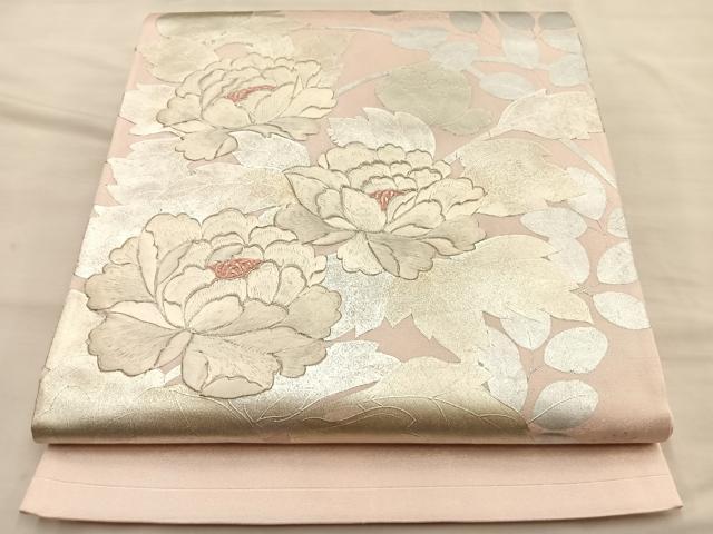 平和屋着物◎太鼓柄袋帯　刺繍　牡丹　金銀彩　引箔　正絹　逸品　BAAT8597du