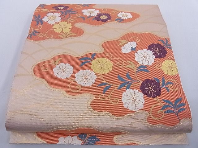 平和屋着物■六通柄　本袋帯　唐織　雲取り草花文　金糸　正絹　逸品　A-az5173